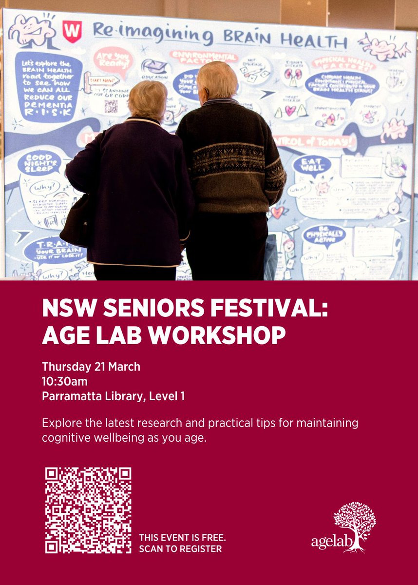 🗓️21 Mar, 10:30am, Parramatta Library ✨ Explore #Ageing & #BrainHealth with our #AgeLab team! Learn more about tips for maintaining #cognitive #wellbeing as you age. Immerse yourself in interactive research booths & discover innovative projects, including a #VR experience!
