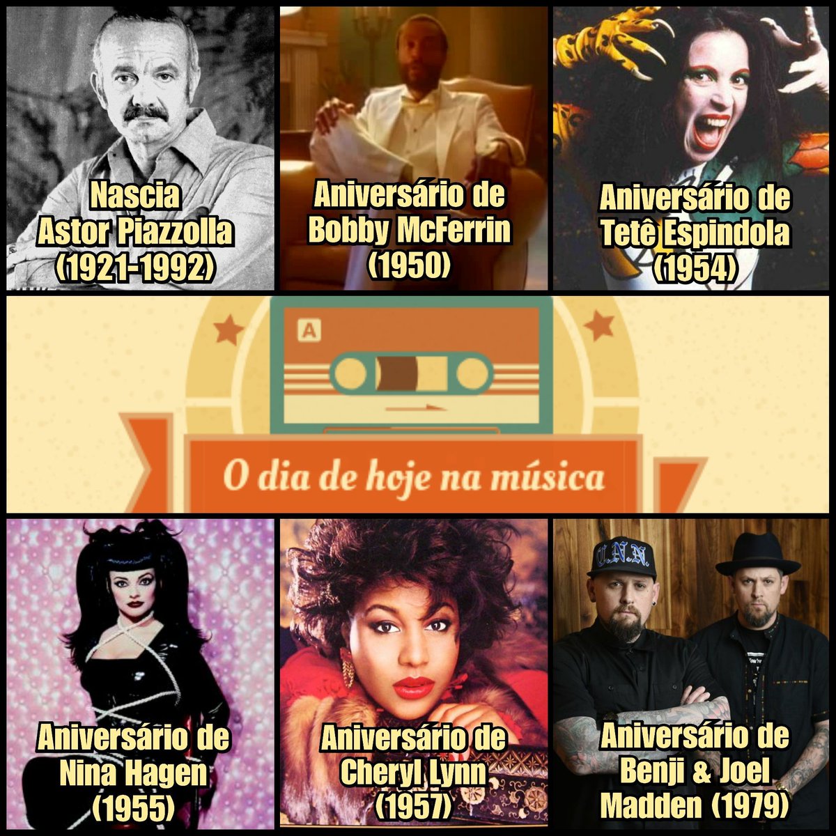 Edição 11 de março! 🎶
#danycast #thisdayinmusic #hojenamúsica #astorpiazzolla #tango #bobbymcferrin #cheryllynn #tetespindola #mpb #disco #benjimadden #joelmadden #goodcharlote #ninahagen