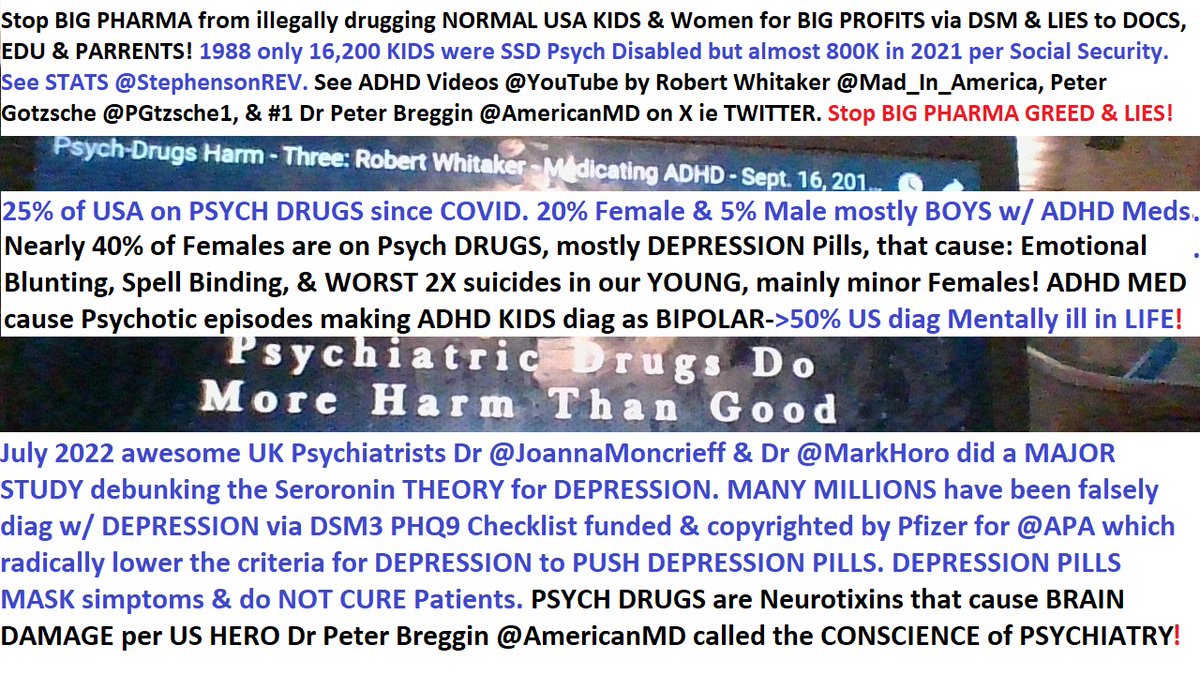 StephensonRev's tweet photo. RT-2021🇺🇸KID SSD Mental Disorders=767,929-1988 16,200? 40%Fems on Psych DRUGS-Chem Imbal LIE https://t.co/NhKSVNMoL0
Autism/ASD 214,771
Developmental210,748
Not Elsewhere 22,184
Intellectual 87,496
#Depression/Bipolar 24,705
Neurocognitive 14,334
Schizo/Psycho 1,563
Other 192,128 https://t.co/VUttyvD1vH
