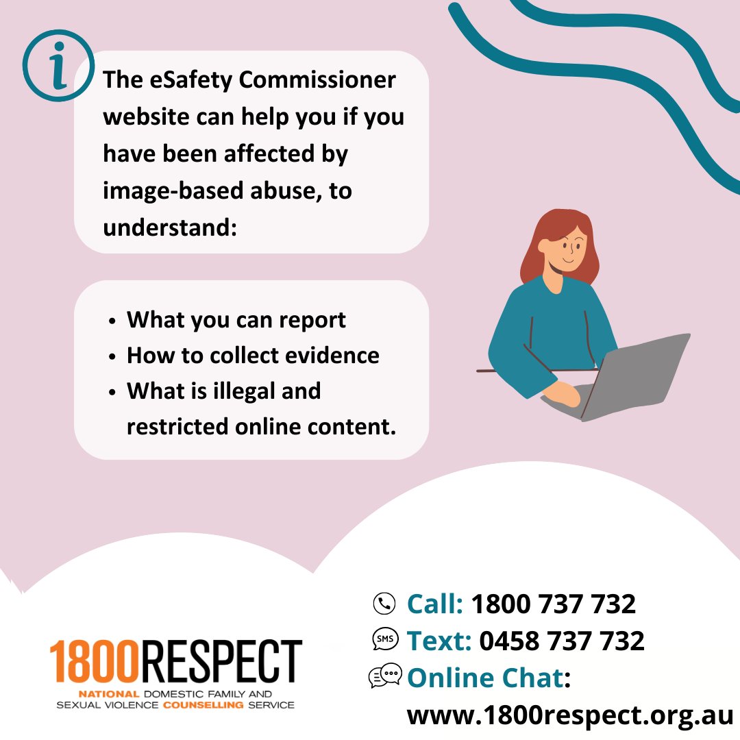1800RESPECT (@1800respect) on Twitter photo Image-based abuse can be many different things. For example, someone may share (or threaten to share) intimate photos or videos of a person without their permission. This is against the law. 
Learn more on the eSafety Commissioner website: esafety.gov.au
#1800RESPECT Image-based abuse can be many different things. For example, someone may share (or threaten to share) intimate photos or videos of a person without their permission. This is against the law. 
Learn more on the eSafety Commissioner website: esafety.gov.au
#1800RESPECT