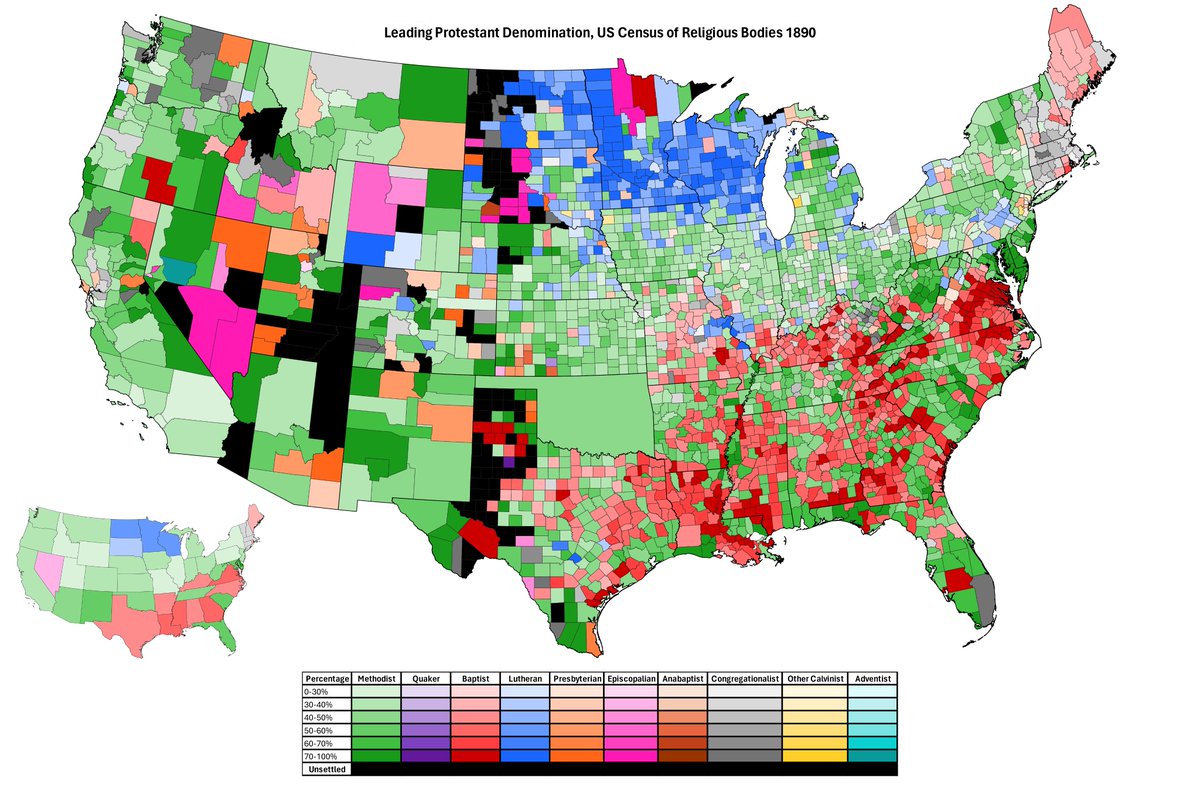 American Christianity was also divided in 1890 between various Protestant denominations. Of the Protestant population, Methodists made up 34.2%, Quakers 0.8%, Baptists 26.4%, Lutherans 10.6%, Presbyterians 9.1%, Episcopalians 3.8%, Anabaptists 2.3%, Congregationalists 9% --