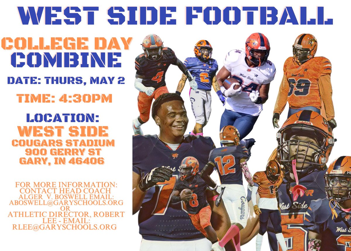 Gary West Side Football (@wscougarsfb) on Twitter photo Cougar College Combine 🐾 Open to all college coaches ⏱️ #PawsUP #CougarFAST
<a href="/coachBoz_/">CoachBozWorldwide</a> Cougar College Combine 🐾 Open to all college coaches ⏱️ #PawsUP #CougarFAST
<a href="/coachBoz_/">CoachBozWorldwide</a>