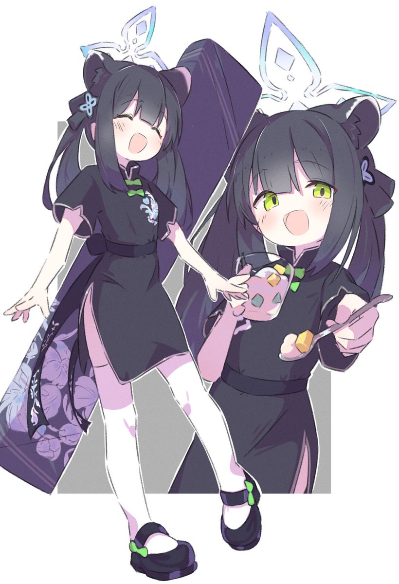 shun (blue archive) ,shun (small) (blue archive) 1girl animal ears dress thighhighs black hair green eyes chinese clothes  illustration images
