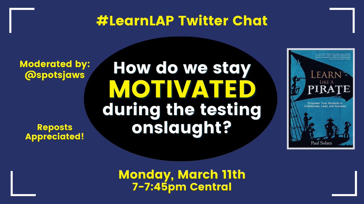 Please join @spotsjaws MONDAY at 7pm Central for #LearnLAP!

#asiaEd #sunchat #nctlchat #1stchat #21stedchat #apchat #ecet2 #edchatri #gclchat #isnchat #mnlead #nbtchat #titletalk #wischat #urbnedchat #aussieed #edumatch #nhed #TOKchat #Read4Fun #nctlchat #podcastPD #aplitchat
