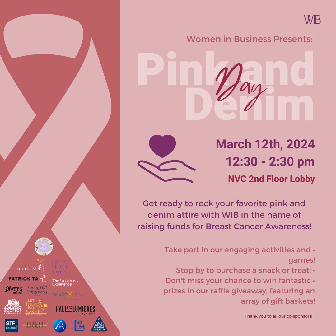 Baruchwib's tweet photo. THIS WEEKS EVENTS ✨

Pink and Denim Day is finally here! Join us to show off your favorite pink and denim attire as we raise funds in support of breast cancer awareness 💕🎗️

On Thursday we have our linked in workshop hosted by our Professional Events committee. 

See you there! https://t.co/M7hBv86Wa6
