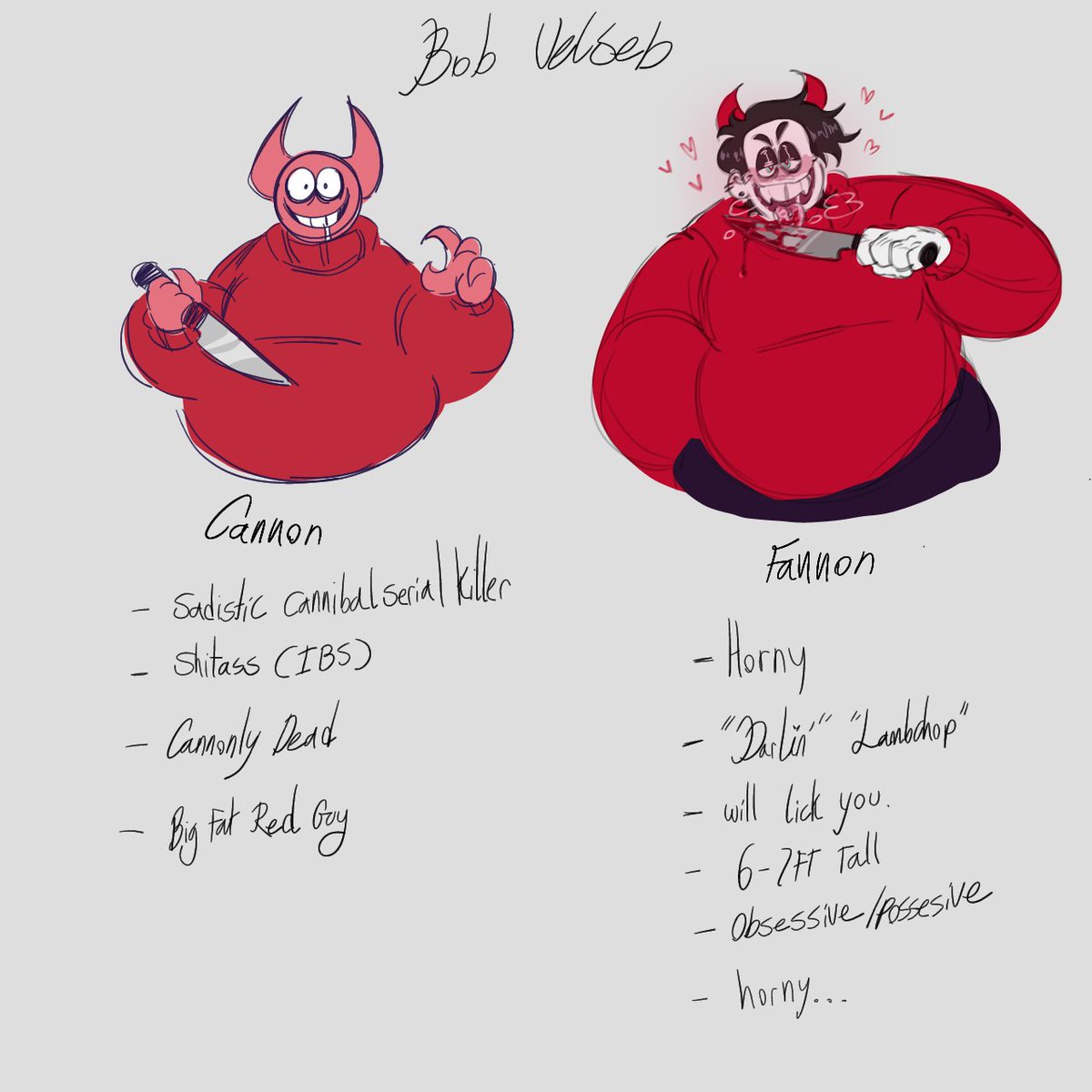 PUPP0CCINO's tweet photo. 🥩🔪 cannon vs fannon bob ✦ this is for fun btw don't bash on either of them I love them both 
#bobvelseb #spookymonth #SpookyMonthBob https://t.co/aGeCYHF1nN
