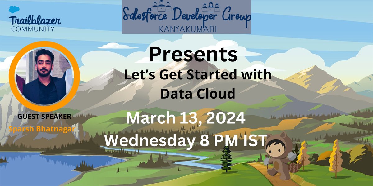 Hi Everyone. I am Calling for Salesforce Trailblazers to join us for the Let’s Get Started with Data Cloud on March 13 at 8 PM (IST). To join the session Please register by using this link: trailblazercommunitygroups.com/events/details…… #TrailblazerCommunity #Salesforce