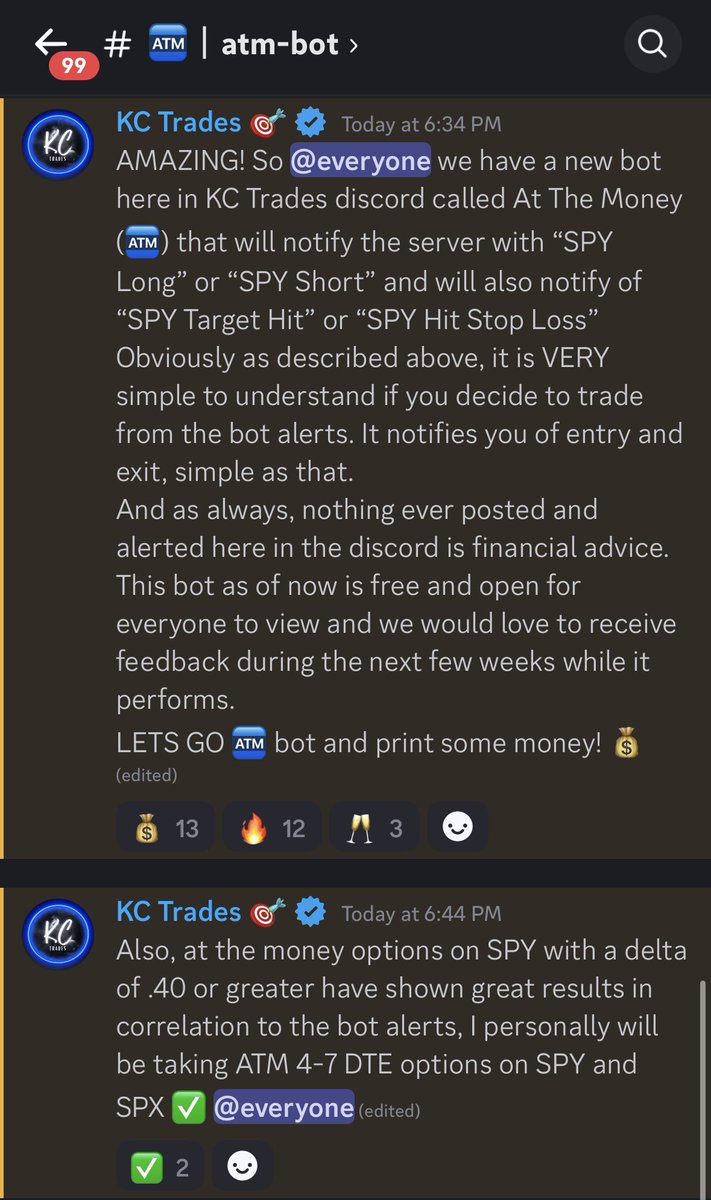 KCTrades777's tweet photo. As promised, the new bot is ready! 🚨

It is called At The Money or ATM 🏧 

The bot is free and open for everyone to view in my discord if you follow this link https://t.co/snJ6yxevgR and will also post here on X to this profile @AtTheMoney__ ✅

A brief description and my plan for the bot is posted in my discord and in last photo on this post! Let’s go ATM bot and print some money! 💰 $SPY $SPX