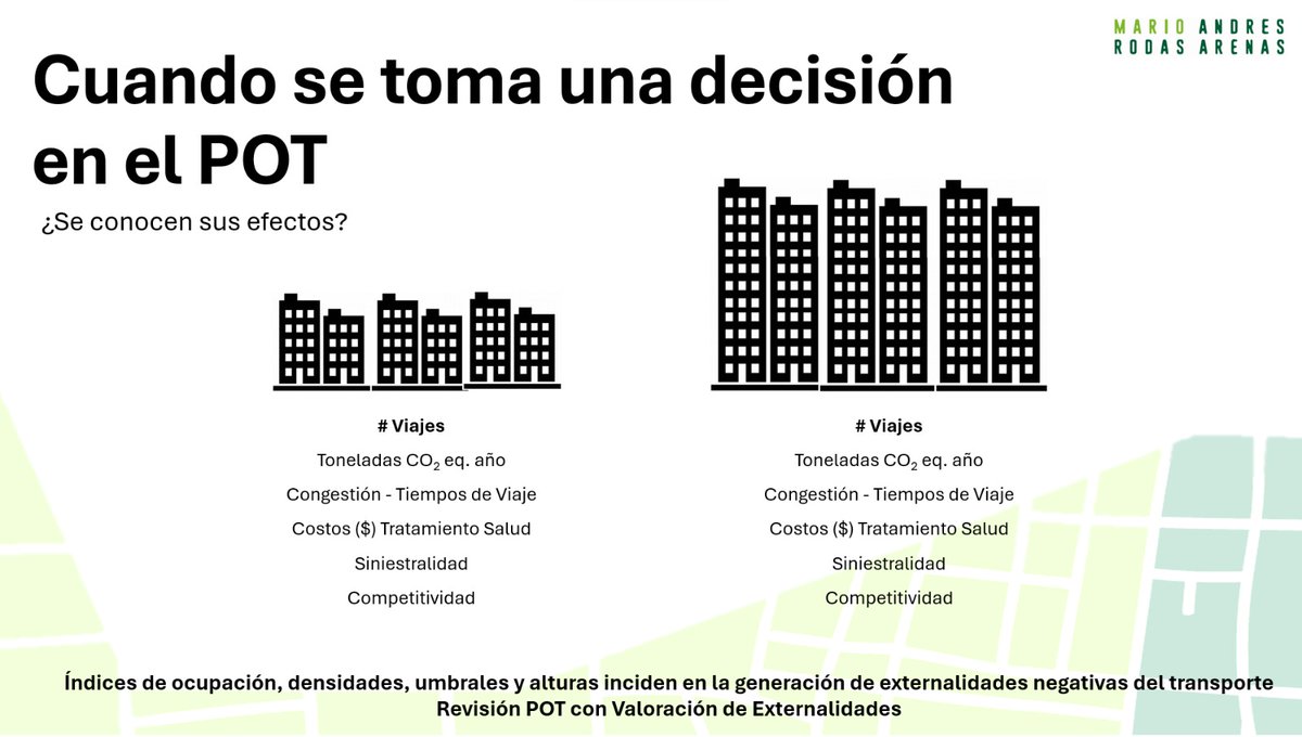 Es necesario actualizar la manera de hacer la planificación físico territorial. Se debe incorporar la movilidad (no solo vías) en el Ordenamiento Territorial. Revisión excepcional de la norma se debe definir a partir de valoración de externalidades negativas del transporte.