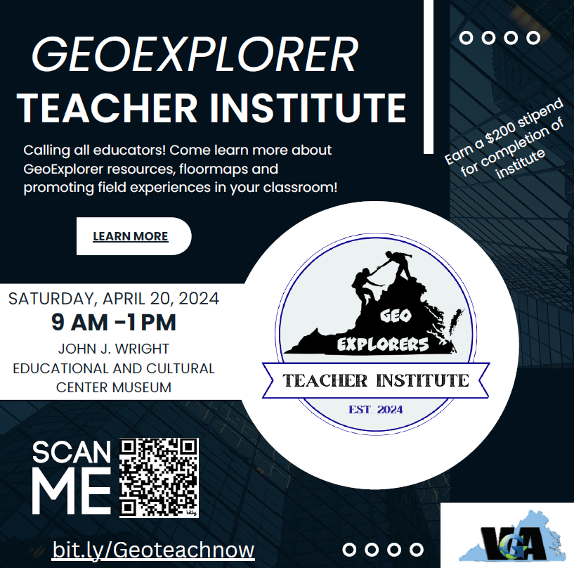 Virginia educators, register for the GeoExplorer Teacher Institute. Participants will earn PD points and a $200 stipend. Ensure that prior to attending the institute, your division is subscribed to An Atlas of Virginia with @VAGeogAlliance. tinyurl.com/3br73d5s