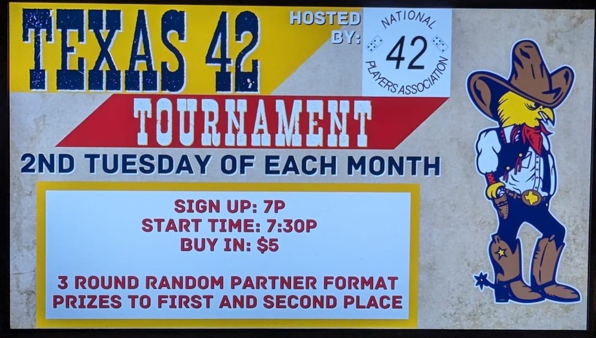 42_waterloo's tweet photo. See you Tuesday @thedixiechicken! #Texas42 @42Kent @N42PA @richardallenhay @ScherbelLes @odieloves42 @texas42man @LyleLovett @RichOToole @AggieNetwork @cymblue @MandaDean https://t.co/UnQh3gOcVL