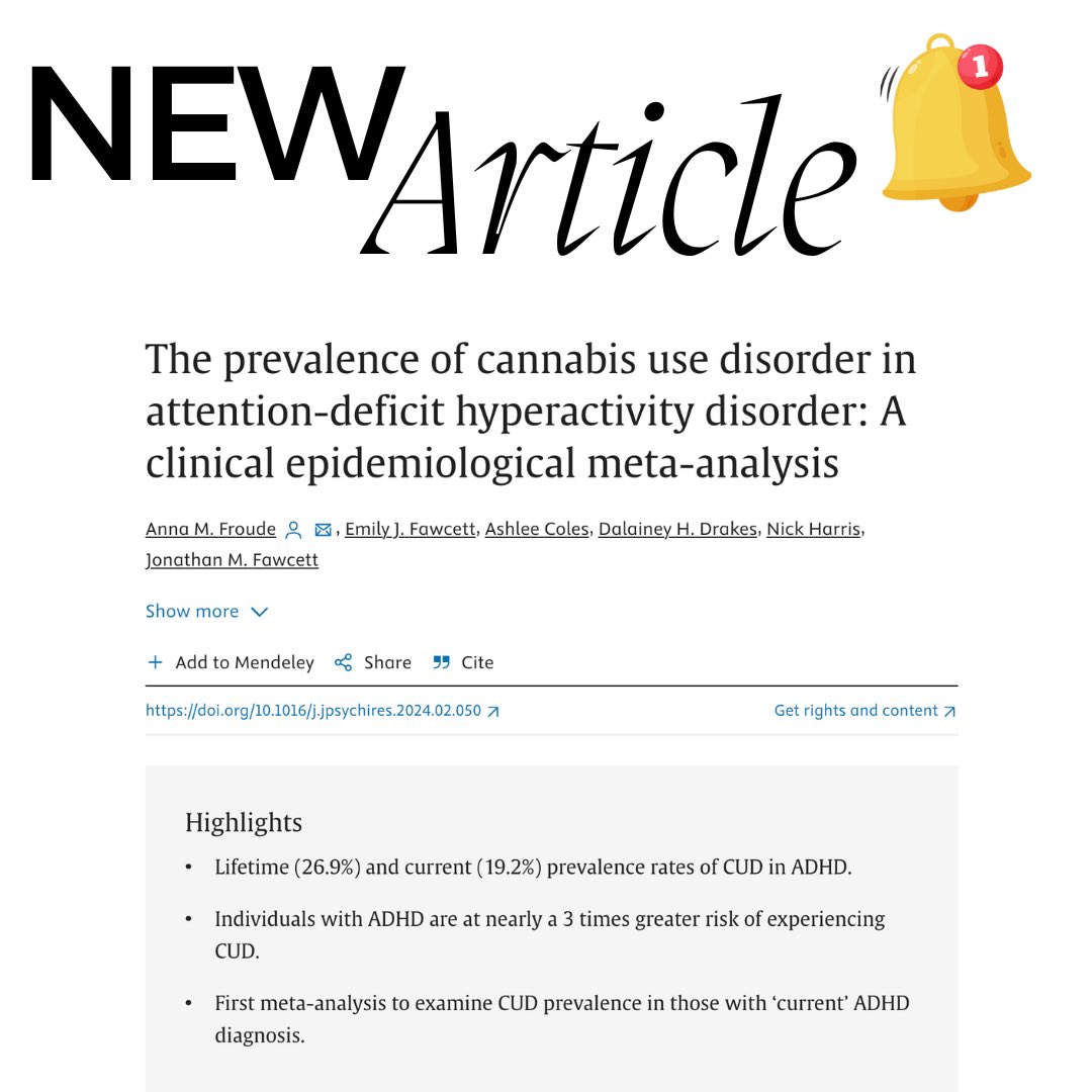 MUN_Psychology's tweet photo. A recent meta-analysis by alumni Anna Froude (w/Ashlee Coles, Dalainey Drakes, Drs. Emily &amp; Jonathan Fawcett and Dr. Nick Harris) found that individuals with ADHD are at a 3X greater risk for developing Cannabis Use Disorder. Read more here: https://t.co/4m1kdYC77b @MemorialUSci https://t.co/ZwT7r7Ktlx