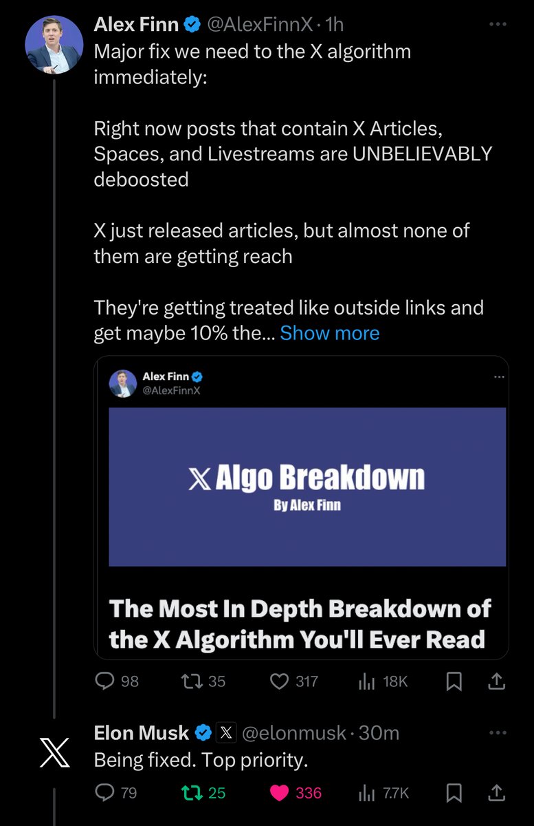 🚨BREAKING: Elon announces there will be some major algorithm changes this week

Articles, Spaces, and Live streams all getting a big boost

Elon replied to my post today announcing these changes are a top priority

What this means for you and the actions you need to take NOW: