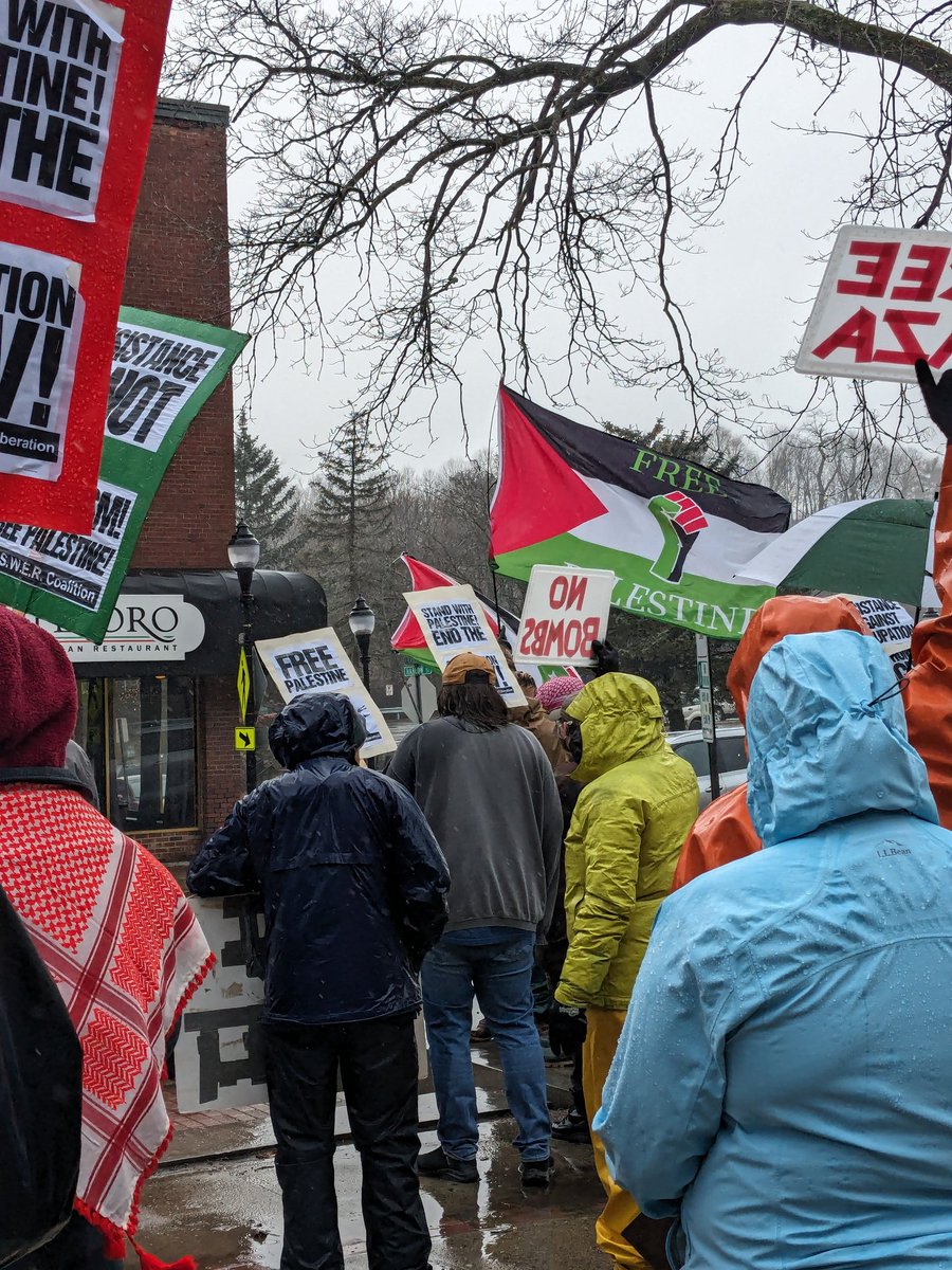 QkrSocialist's tweet photo. Downpour & Freezing. ~75 people disrupting "everything's fine." #EndTheGenocide #ItsNotFine https://t.co/GUaSy2i9DP