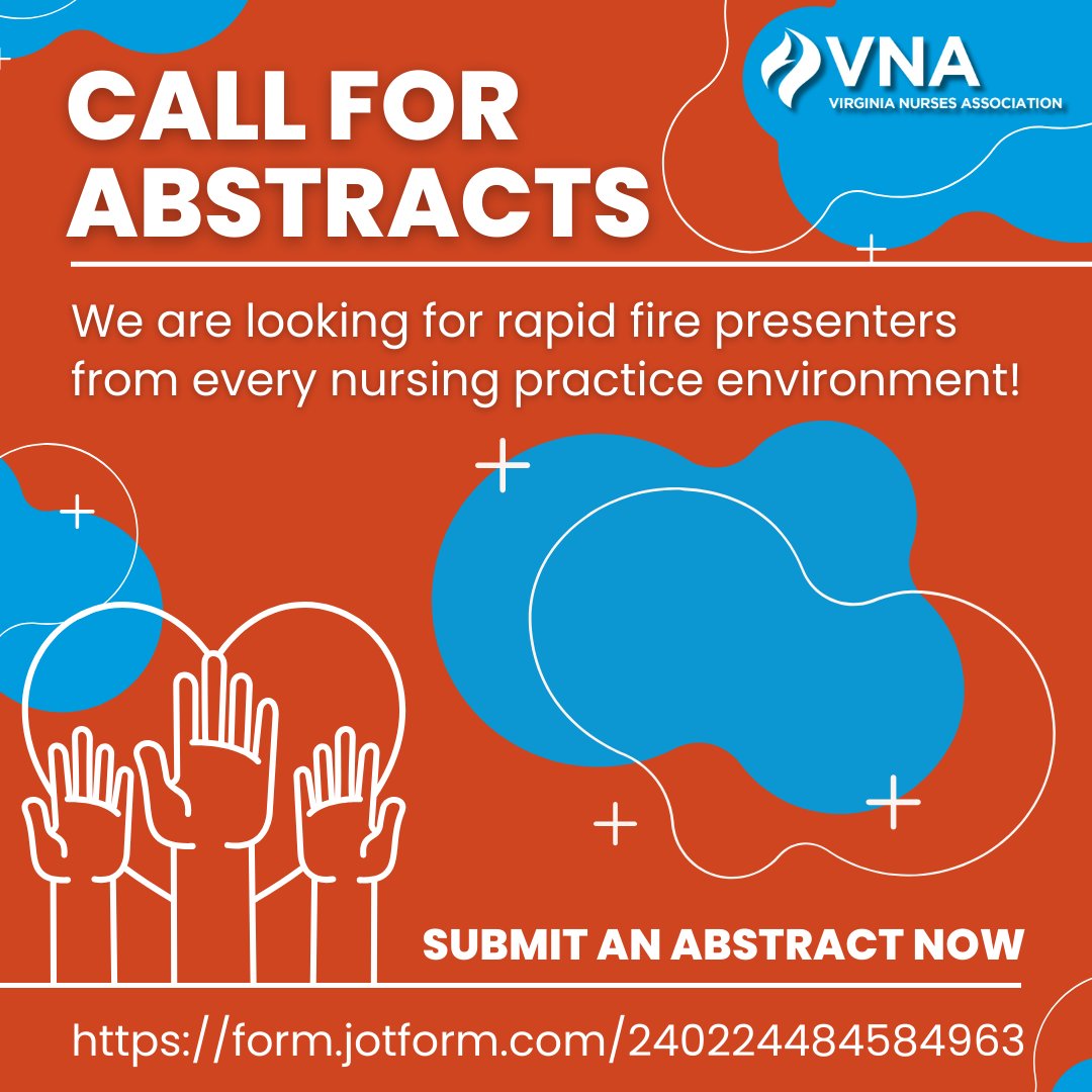 Please share if you can! We're looking for Rapid Fire Presenters for our virtual Spring Conference!

Learn More / Submit an Abstract: form.jotform.com/240224484584963
.
.
.
.
#callforvirtualabstracts #callforvirginiaabstracts #callfornurseabstracts #virginianurses #nurseresearch #VNA