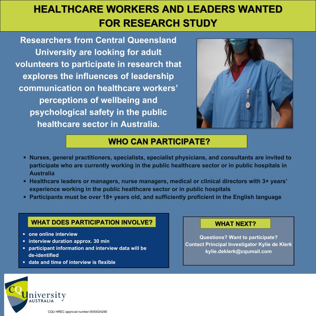 CQ University is currently looking for volunteers to participate in research examining the influences of leadership communication in the public healthcare sector in Australia. If you would like to participate or find out more please email Kylie kylie.deklerk@cqumail.com
