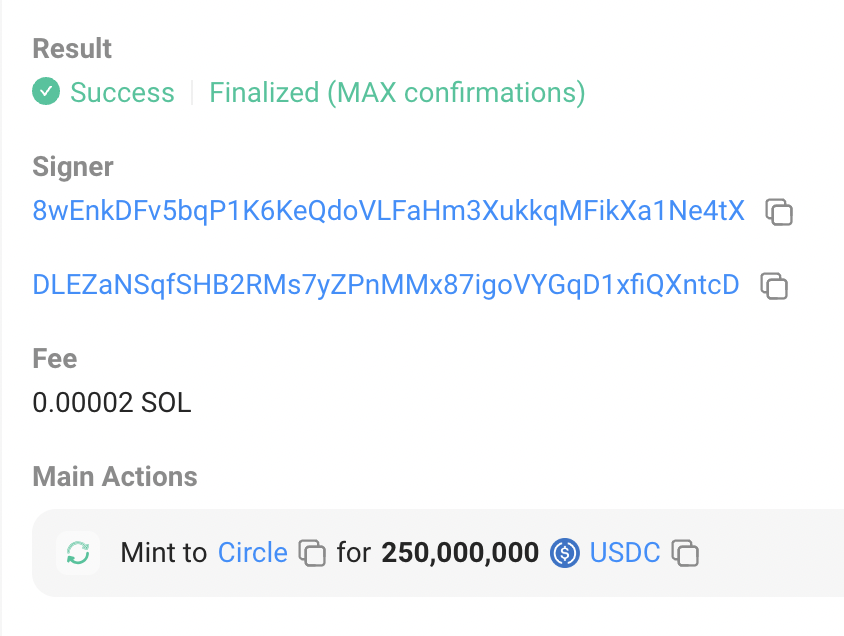 BREAKING: 250M $USDC (<a href="/circle/">Circle</a>) MINTED AT $USDC TREASURY ON <a href="/solana/">Solana</a>
