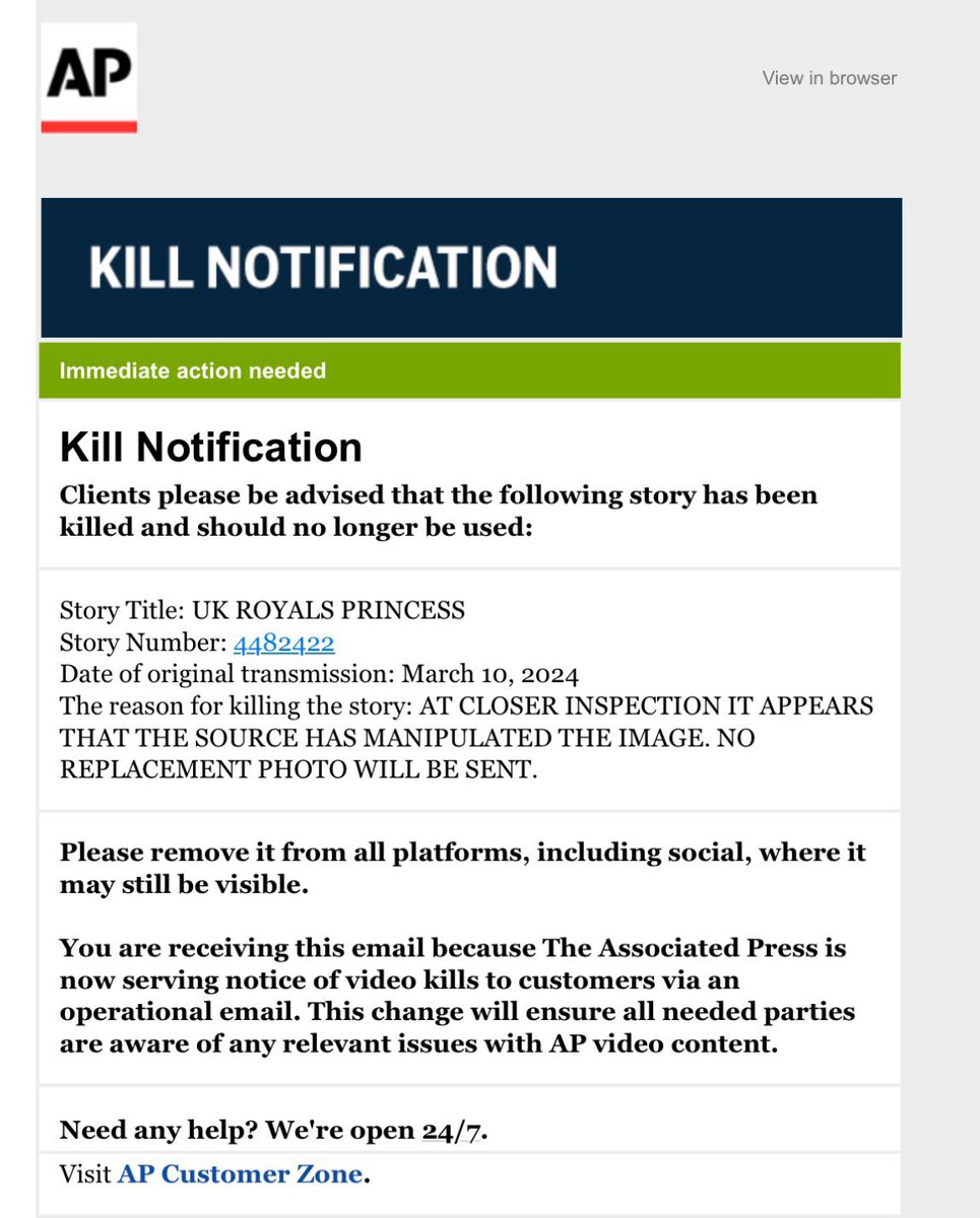 AshleeMullany's tweet photo. The world’s leading photo agencies have now issued a kill notice on this image, claiming it’s been manipulated by the source.

After weeks of online speculation &amp; wild conspiracies about Kate, this has added fuel to the fire tonight. 
No response yet from Kensington Palace. https://t.co/phKZq6w2T4