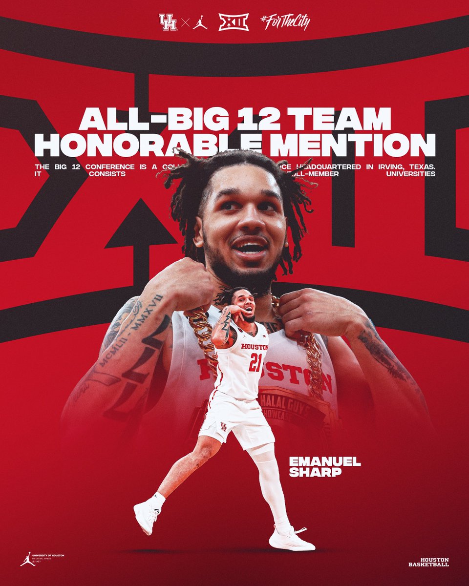 Long-range bomber from the arc... Sharp shooter from the line @emanuelsharp_ named All-Big 12 Honorable Mention 🏀 Second straight season with Conference postseason honor for E-Man #ForTheCity x #GoCoogs