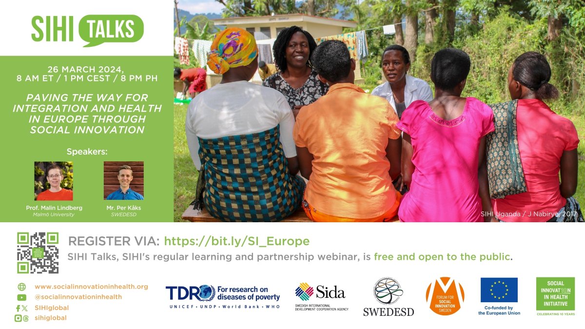 SIHIglobal's tweet photo. #WebinarAlert: SIHI Talks this March is about paving the way for integration and health in Europe through social innovation, with Malmö University's Prof. Malin Lindberg and @SWEDESD_UU 's Per Kåks. https://t.co/O7ZMjWRjwK