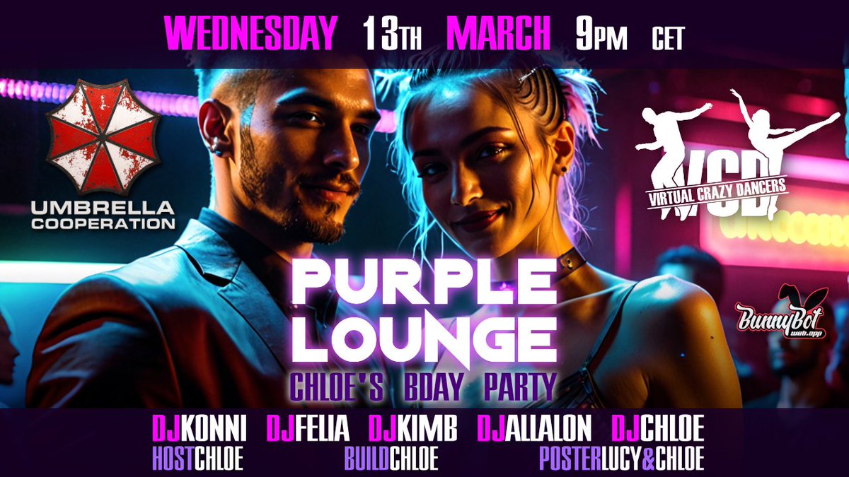 UMBRELLA™ PURPLE LOUNGE (4 LIVE DJs)
Wed, Mar 13th, 9:00 PM - Thu, Mar 14th, 2:00 AM
Celebrate Chloe's birthday with us at midnight in the Purple Lounge. Together with friends and guests - and the enticing...
bunnybot.web.app/id/TCJQoZNdGos…
