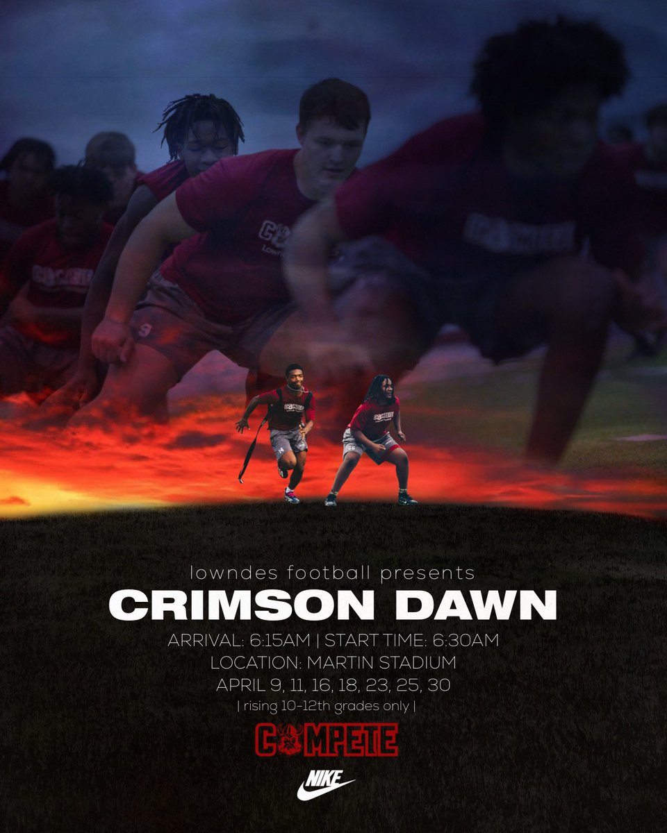 Mark you calendars.. Crimson Dawn starts after spring break. All current 9-11 graders. Spring practice right around the corner, we will be ready. #COMPETE