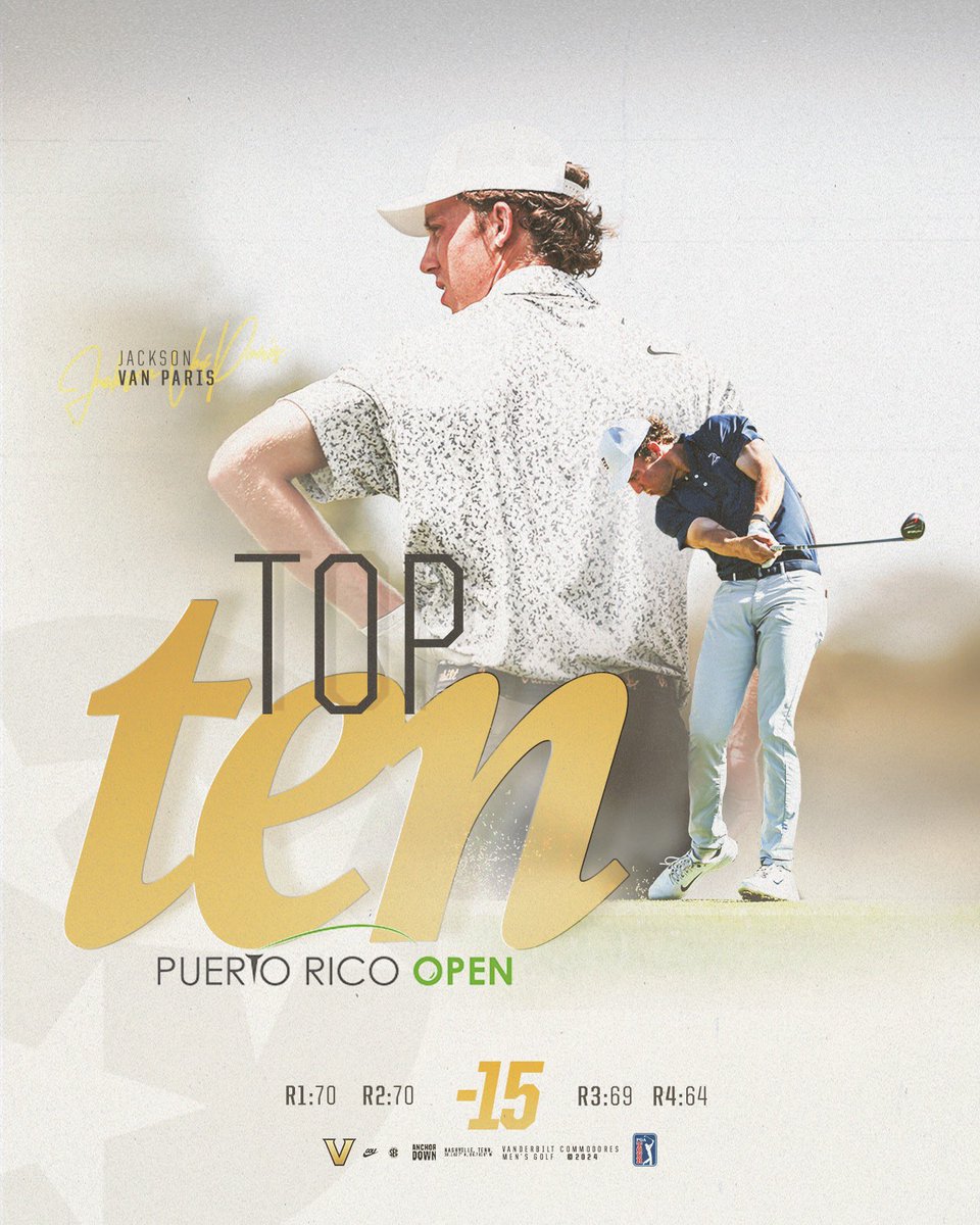 .@JacksonVanParis had a Spectacular @PGATOUR Debut!!! He carded 15-Under 273 to finish in a tie for 10th at the @PuertoRicoOpen 📰 | vucommodores.com/spectacular-pg… #AnchorDown