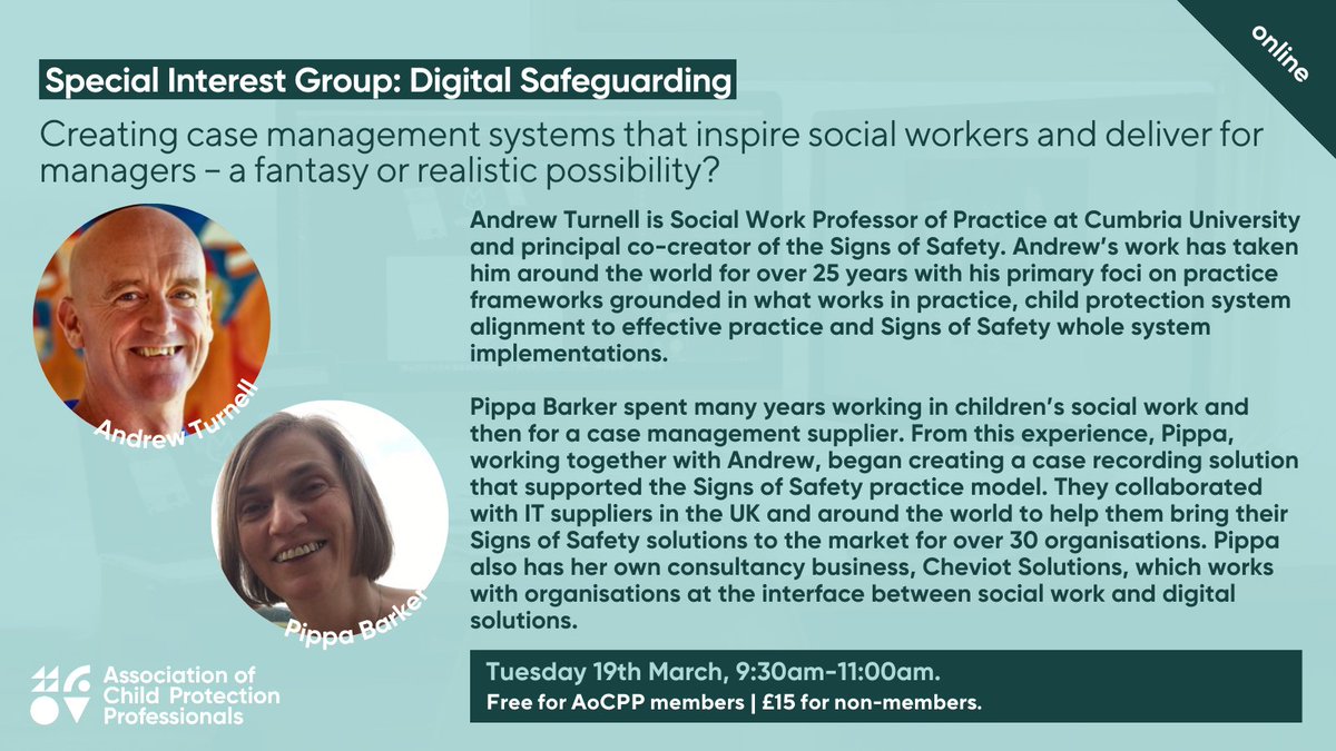 🌐 Today, our #DigitalSafeguarding SIG convenes to explore the potential of effective case management systems in child protection. Join us in welcoming speakers Andrew Turnell and Pippa Barker as they share insights on seamlessly integrating #socialwork and #technology.