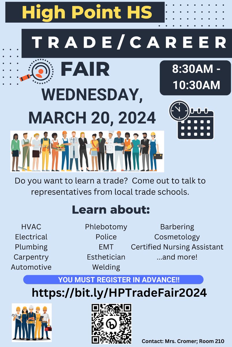 High Point's Trade School Fair is back!! The Fair will take place on Wednesday, March 20, 2024.  High Point Seniors and Juniors should register with their PGCPS email accounts.
#futurefocused #HPUnited 
@pgcps @DrCMarrow @Dr_Ed_Ryans