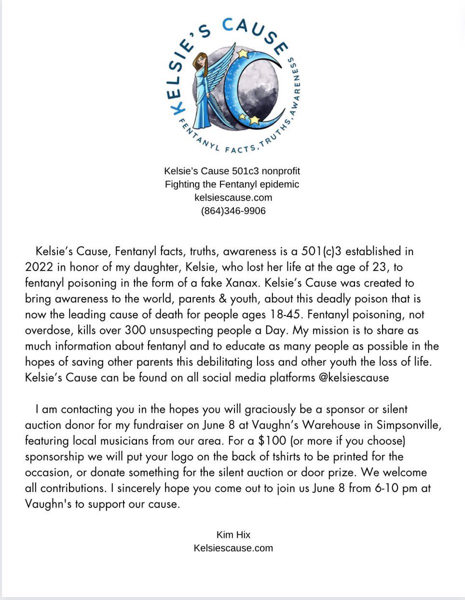 Kelsie’s Cause #fentanylawareness fundraiser at Warehouse at Vaughn’s on June 8 featuring local musicians, seeking sponsors, donations and silent auction items. See attachment #fentanylawareness #fentanylpoisoning #kelsiescause