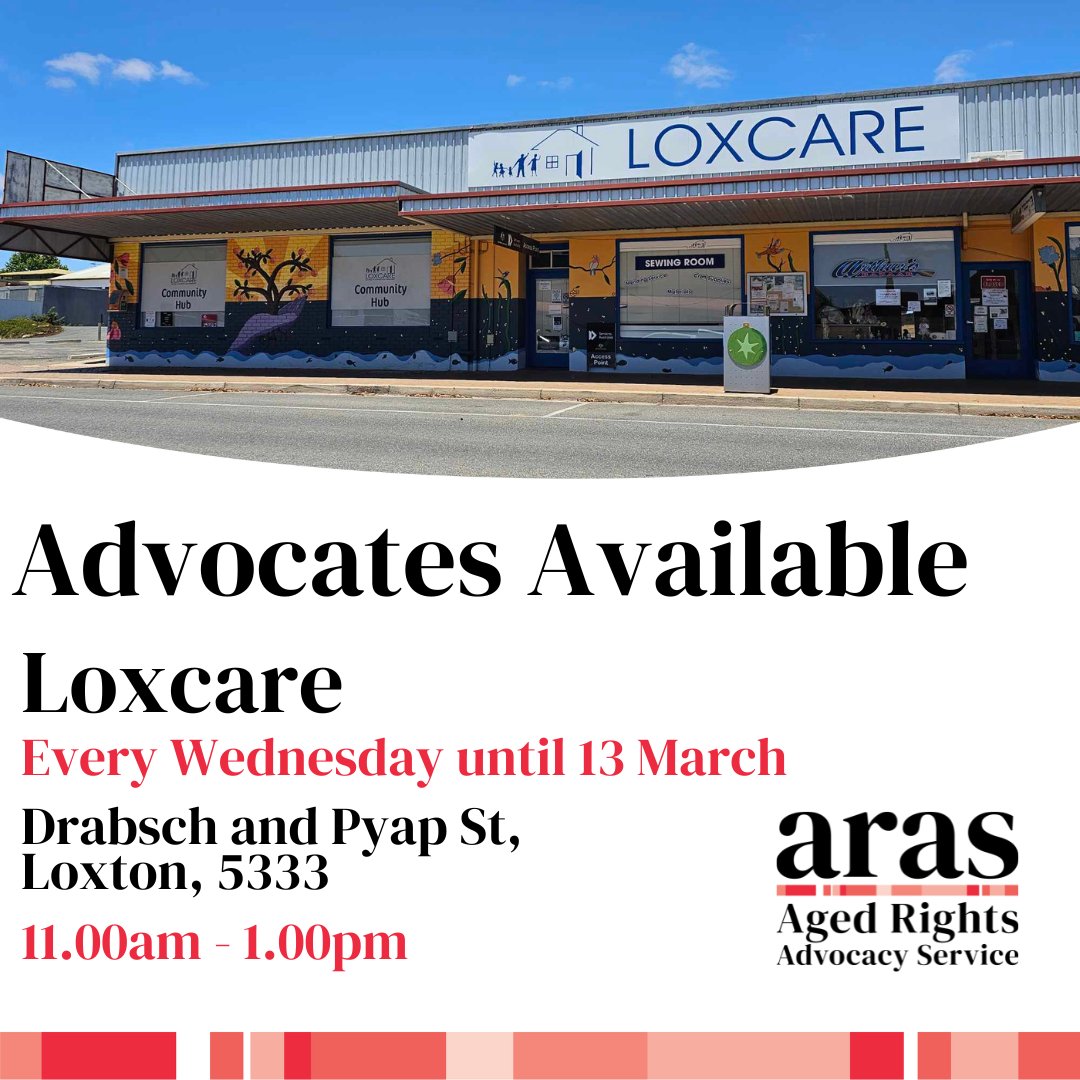 Our Berri Advocates will be out and about over the coming months, ready to answer your questions on aged rights You can find us at: Loxcare, every Wednesday from 11.00am – 1.00pm until 13 March. Address: Drabsch and Pyap St, Loxton SA 5333 #ARAS #AgedRightsAdvocacy