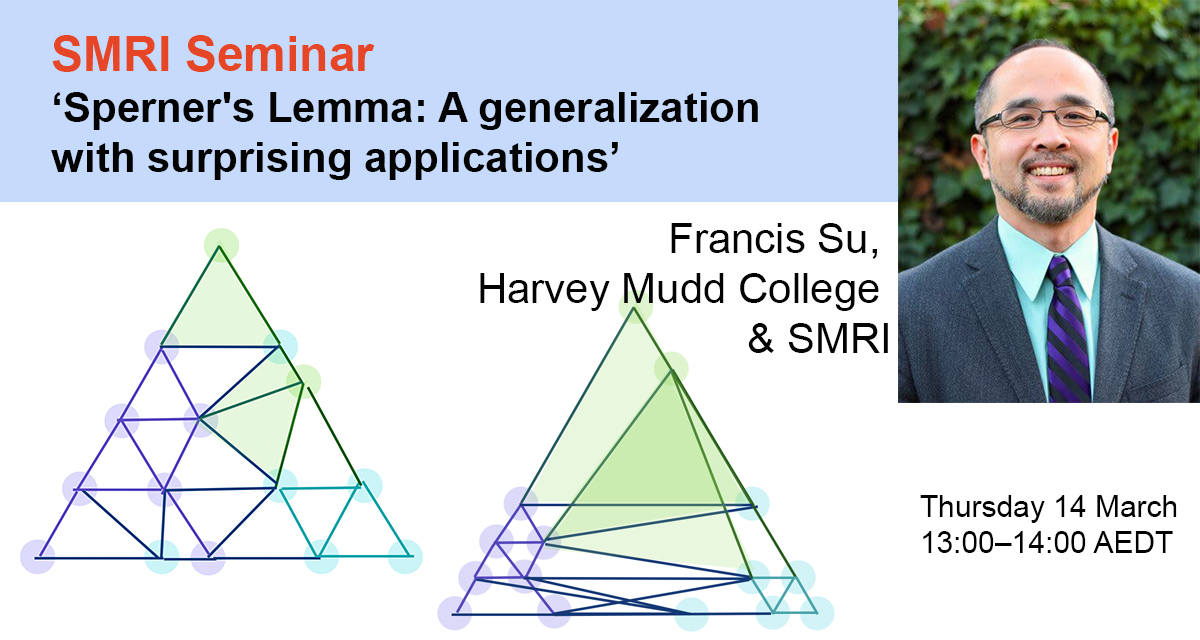 This Thursday 14/3 at 13:00 AEDT, SMRI visitor Francis Su @mathyawp will give a colloquium on Sperner's Lemma, for everyone interested in geometry, topology, and/or combinatorics. In-person for @SydneyMaths affiliates, all welcome online. Register: …ical-research-institute.sydney.edu.au/seminars/