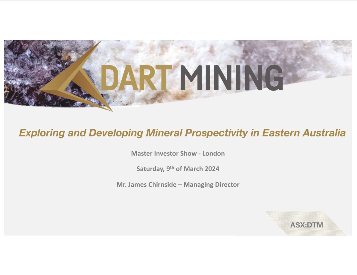 We're pleased to provide a copy of our ‘Exploring and Developing Mineral Prospectivity in Eastern Australia’ presentation from the Master Investor Show in London, which will be presented by MD James Chirnside.
tinyurl.com/yc7ujpmf $DTM
