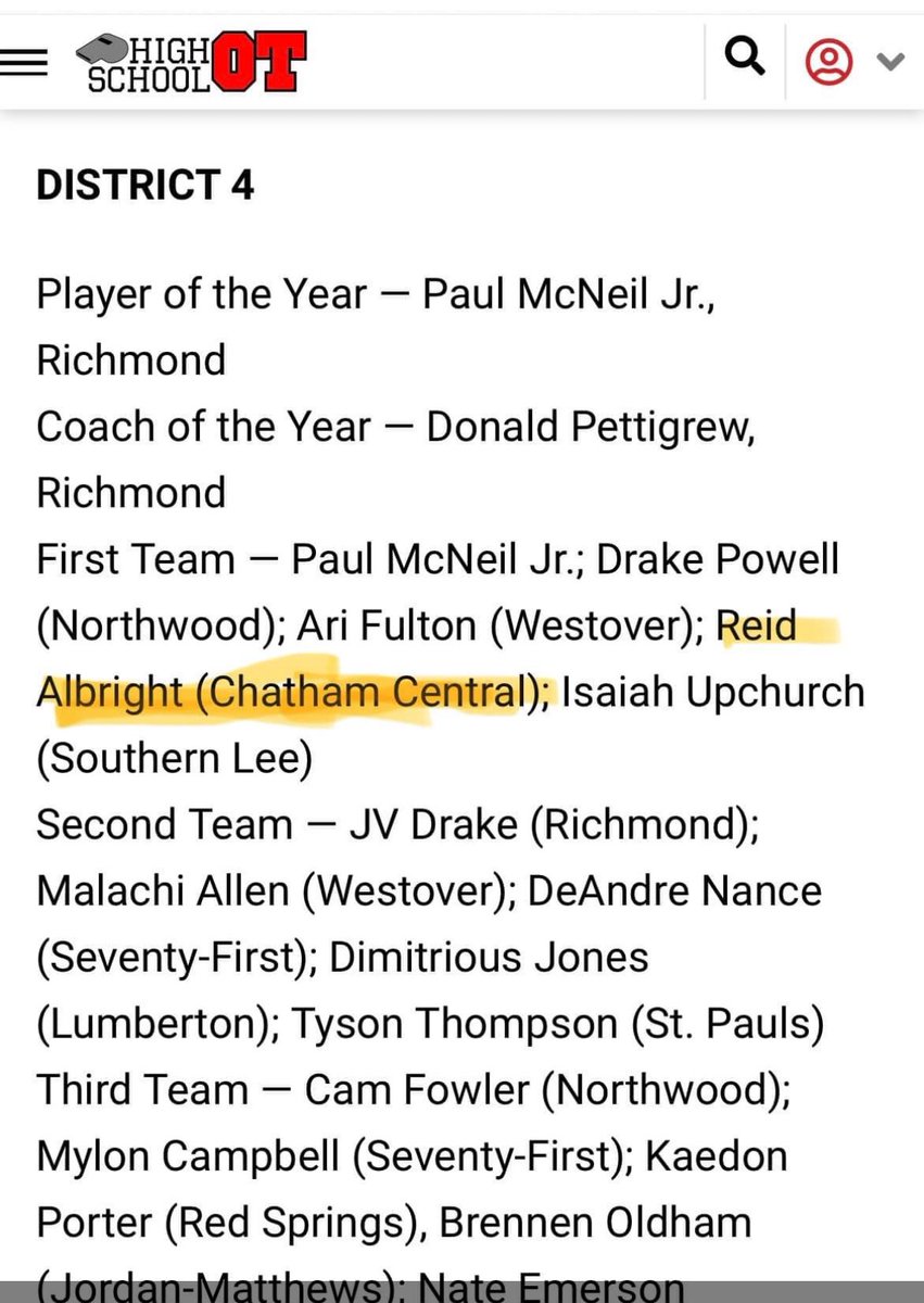 Congratulations <a href="/R3id_Albright/">Reid Albright</a> on being selected to “First Team” All District in NC district 4 in basketball. He was up against some great basketball players. Also congrats to other Chatham County boys Drake, Brennen, and Cam for making the teams.
