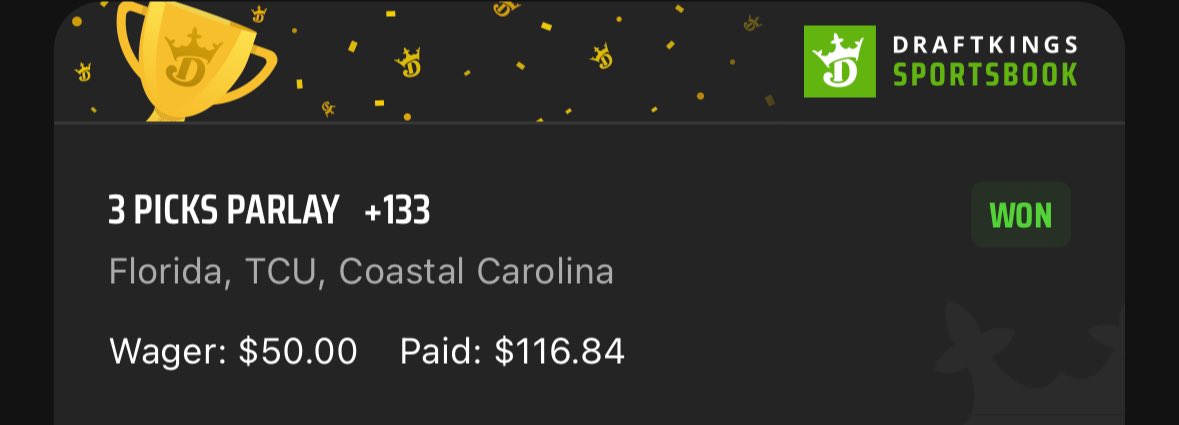 CPTwoThirds's tweet photo. What a day. Again. 

Florida/TCU: Coastal Carolina +133 ✅, FSU -106 ✅, Vanderbilt -108 ✅

Cal/UCSB +177 ✅
Coastal/DBU +120 ✅
Xavier +4.5 ✅
Houston/Auburn +102✅
Houston/Coastal Carolina +127 ✅
Houston/DBU +155 ✅
CSUN +3.5 ✅
Louisiana Tech ✅
Kansas State/VT +151✅ https://t.co/0PajEHQI0U