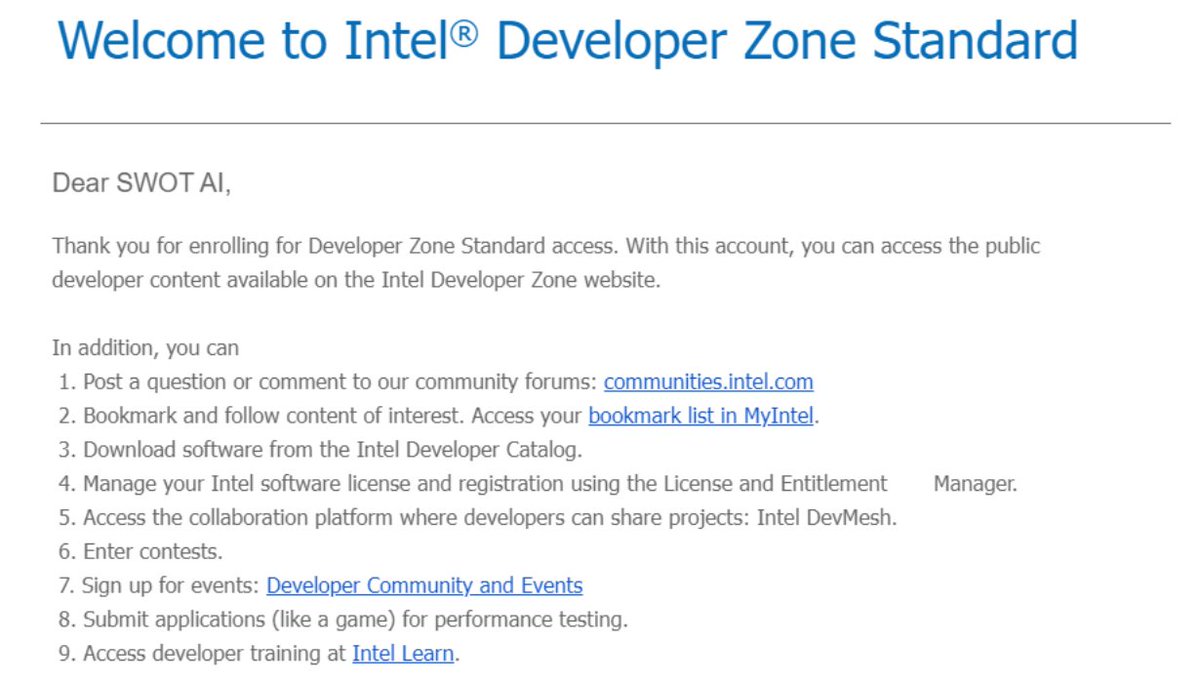 Swot_AI's tweet photo. We are pleased to announce that #SWOTAI has joined the Intel Developer Zone (IDZ) Standard tier!
The IDZ is designed to provide developers with the necessary tools, resources, and support to innovate, optimize, and scale applications using Intel technologies.
$SWOT https://t.co/lLjYGIqdkA