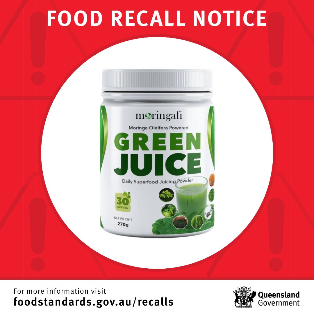 ⚠️ Food recall notice ⚠️ Moringafi is conducting a recall on Green Juice 270g. Reason for recall: microbial (salmonella) contamination. The product has been available online. Full details: foodstandards.gov.au/food-recalls/a….