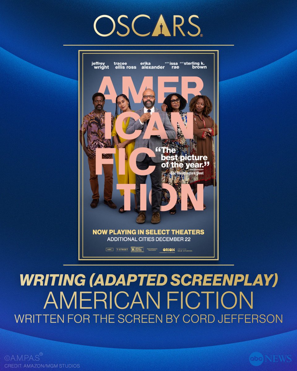 ABC's tweet photo. JUST IN: @TheAcademy Award for Writing in an Adapted Screenplay goes to “American Fiction.” #Oscars 

https://t.co/hNNLxVB1a7 https://t.co/F3cl5EAvPd