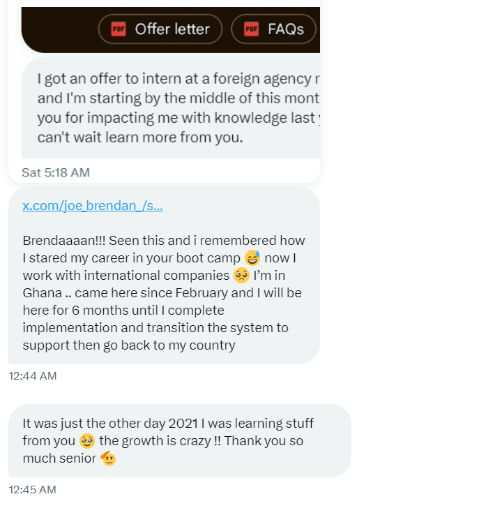 Joe_brendan_'s tweet photo. A little story about my Bootcamps

In 2020/21 during COVID myself and my team organized a MERN stack bootcamp for developers

We deeply covered;

-HTML CSS
-Bootstrap
-Javascript
-React
-Node
-Express
-MongoDB

The lady in the image below was part of that Bootcamp.
Time flies https://t.co/JNf3PBsBu9