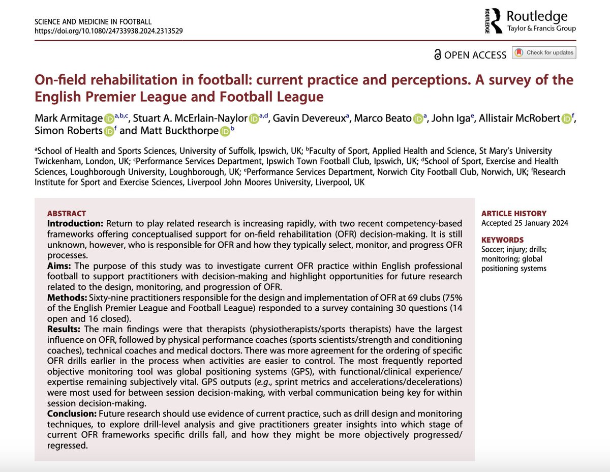 🆕'On-field Rehab in ⚽️ 🏴󠁧󠁢󠁥󠁮󠁧󠁿PL ' ▶️GPS outputs (e.g. sprints, acc-dec) were most used for b/session decision-making, w/verbal communication being key for within session decision-making 👉@MarkArmitage85 @MarcoBeato1 @m_buckthorpe et al, 2024 📂Open Access: tandfonline.com/doi/full/10.10…