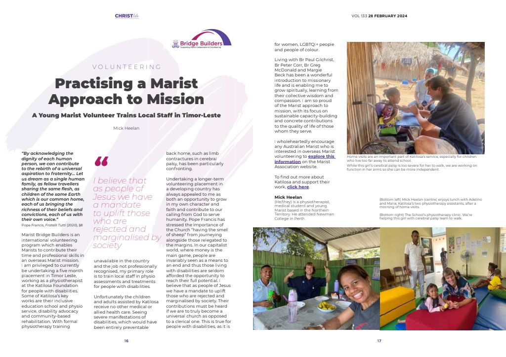 Have you thought about VOLUNTEERING? Marist Bridge Builders is the avenue for you! Here, young Marist Mick Heelan writes about offering physiotherapy training at the Katilosa Foundation Timor-Leste buff.ly/43fLvxh Bridge Builders info buff.ly/3V9H7hk  #wemarists