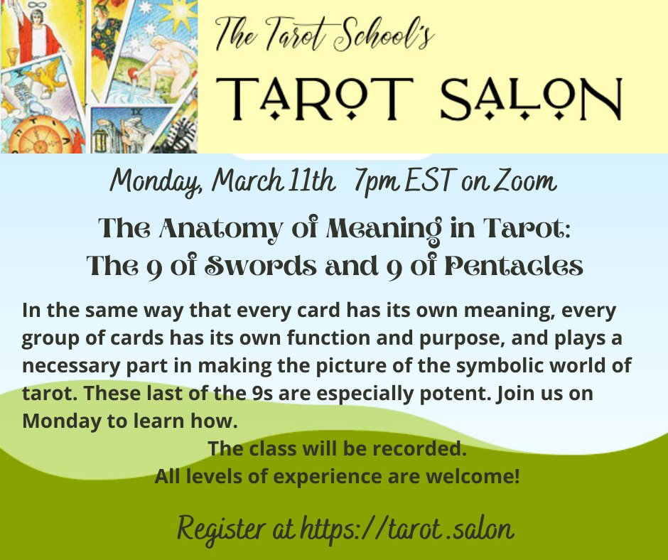 TheTarotSchool's tweet photo. The nightmare is over! You're never alone in the lush landscape of our Tarot Salon. Join like-minded tarot lovers for Monday's class on the 9 of Swords and Pentacles. 
https://t.co/fiP3xvnrxK
#tarotsalon #tarotschool #learntarot #tarotcards #minorarcana #9ofswords #9ofpentacles https://t.co/jqUpJsHhGZ