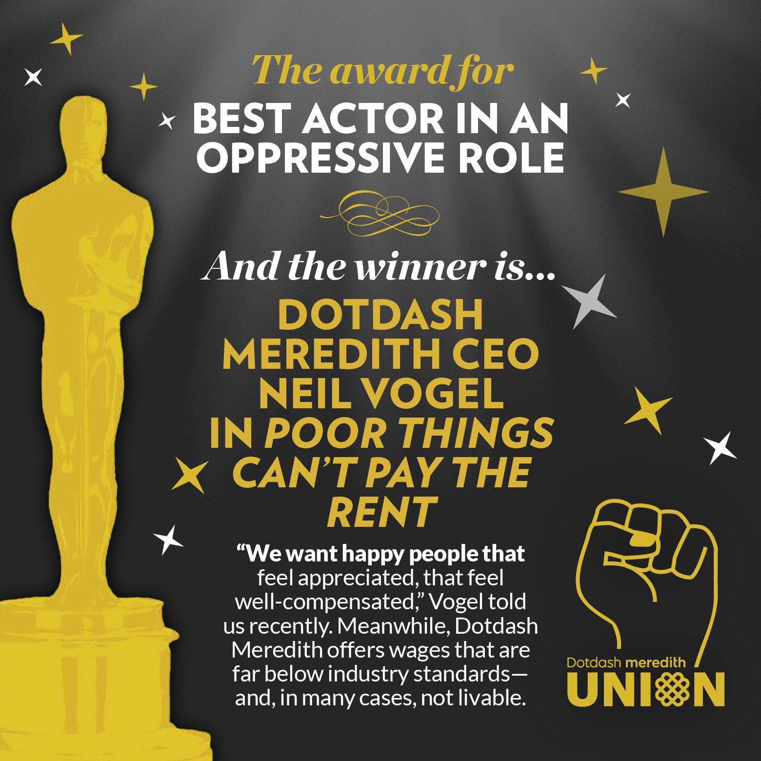 Dotdash Meredith Union (We/They/Us/Union) on X: @billieeilish @people @EW  @MarthaStewart @Shape_Magazine @dotdashmeredith @sagaftra @nyguild  @neilvogel @leahwyar @WendyNaugle For Best Actor in an Oppressive Role, the  Dot Award goes to