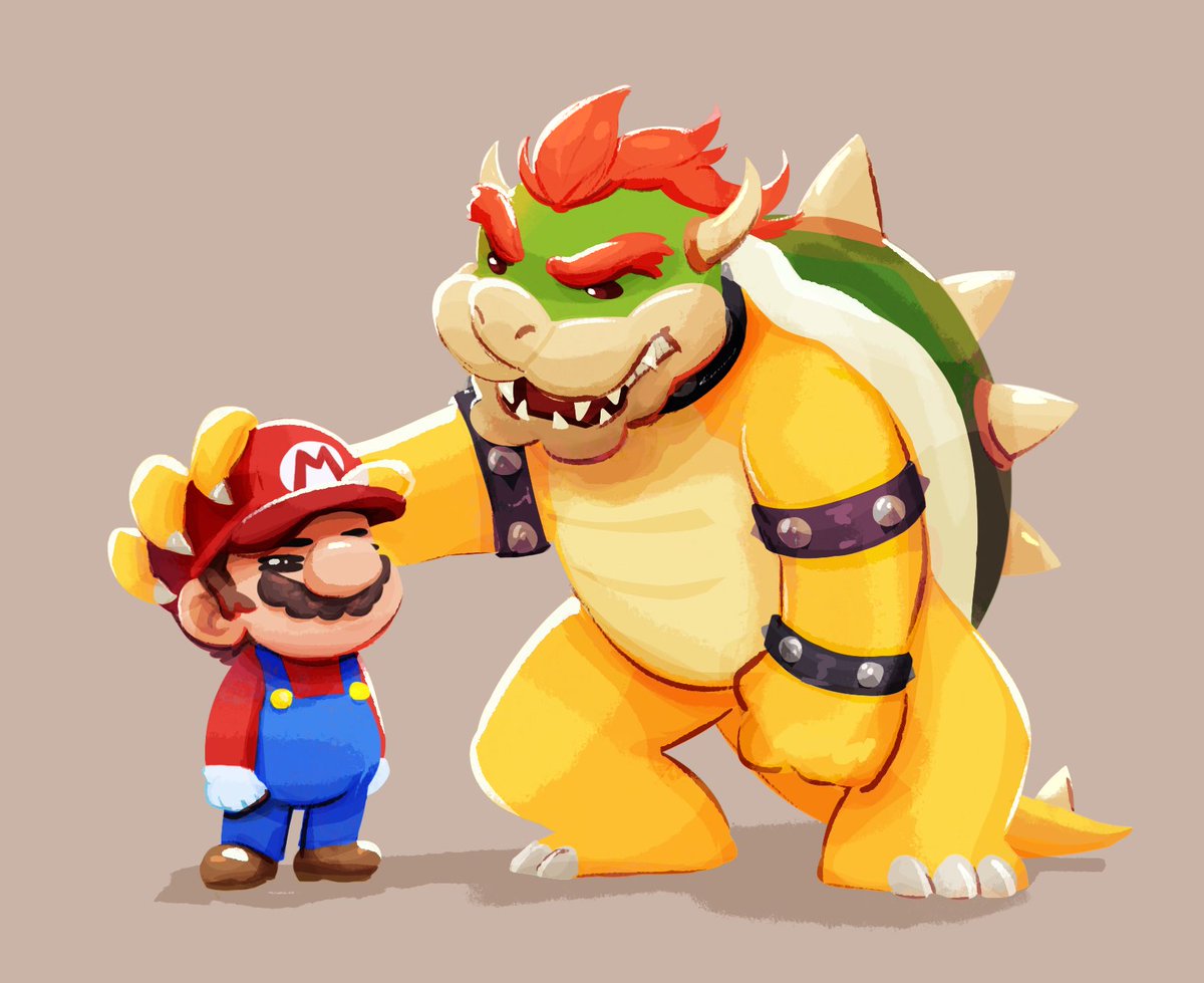 bowser ,mario mustache 2boys multiple boys overalls male focus facial hair hat  illustration images