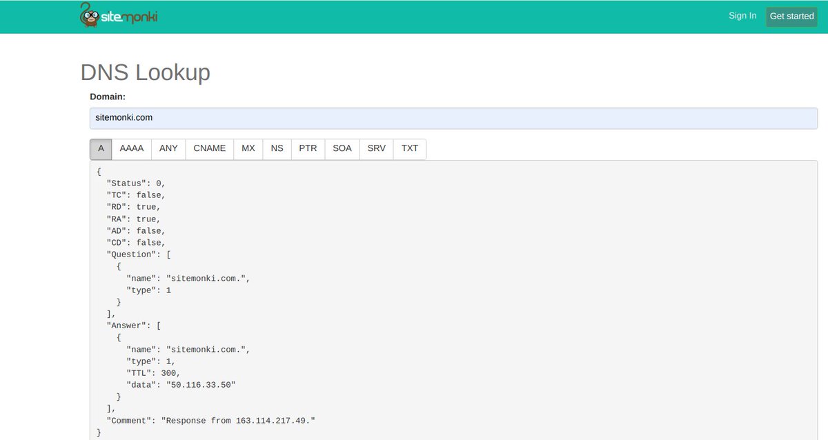 SiteMonki's tweet image. Perform DNS lookups such as A, AAAA, ANY. CNAME, MX, NS, PTR, SOA, SRV, TXT right from sitemonki without even logging in.
Go to sitemonki.com/dns-lookup #DNS #DNSLookup #webdevelopment