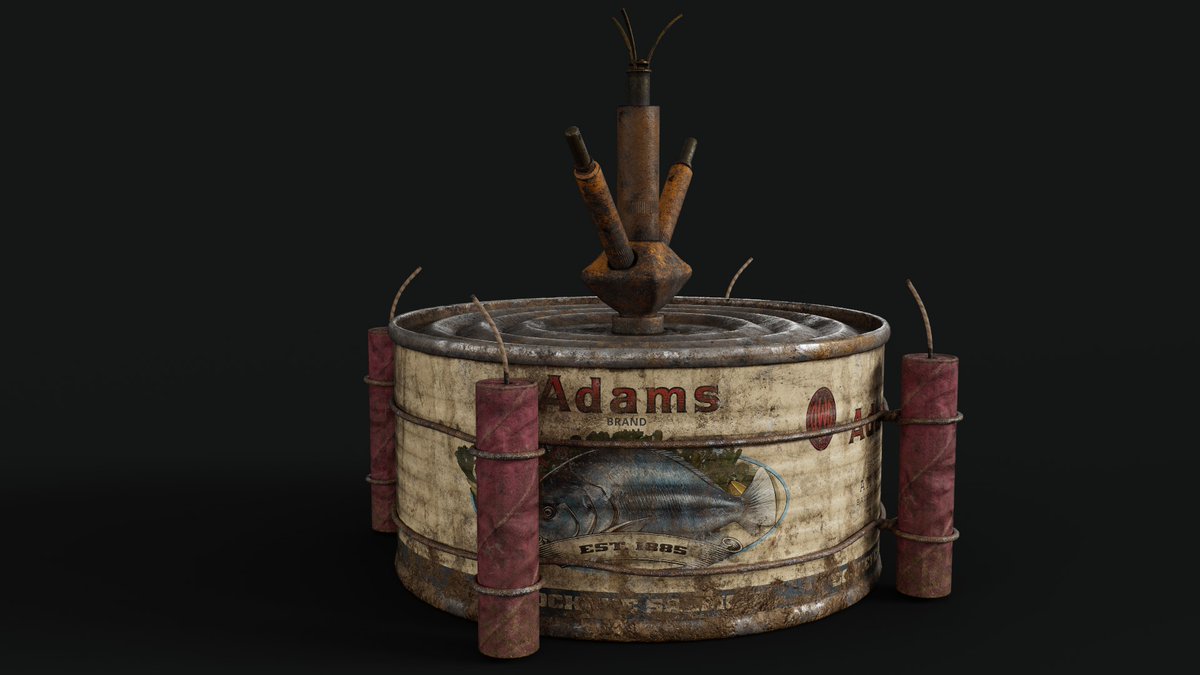 crazy_milk's tweet photo. My Fanart Concept for a Tool in @HuntShowdown . A Tin Can Mine. If activated it jumps in the air and the firecracker explode with a huge blast of black powder, causing the target to get deaf and blurry vision. Model in 3ds, Labels in PS, textured with @Substance3D @Crytek https://t.co/y9tMjs8NH8