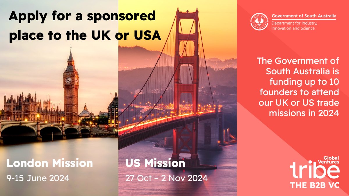 Aaron Birkby (@aaronbirkby) on Twitter photo South Australian founders can apply for one of ten funded places on our upcoming <a href="/tribeglobalvc/">Tribe Global Ventures</a> UK or USA trade missions thanks to @DIIS_SA. Details via go.tribeglobal.vc/missions/londo… South Australian founders can apply for one of ten funded places on our upcoming <a href="/tribeglobalvc/">Tribe Global Ventures</a> UK or USA trade missions thanks to @DIIS_SA. Details via go.tribeglobal.vc/missions/londo…