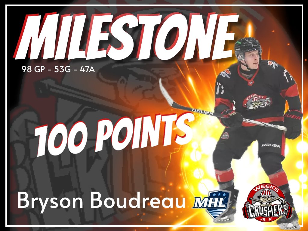 weekscrushers's tweet photo. Milestone Alert!

With a goal and an assist in the last game of the regular season, forward Bryson Boudreau hits 100 points in his MHL career. 

Congrats! https://t.co/5awOOrZWoi