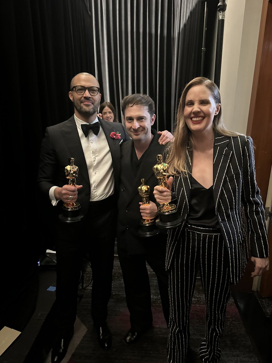 Best Original Screenplay winners Justine Triet and Arthur Harari with Best Adapted Screenplay winner Cord Jefferson. #Oscars2024