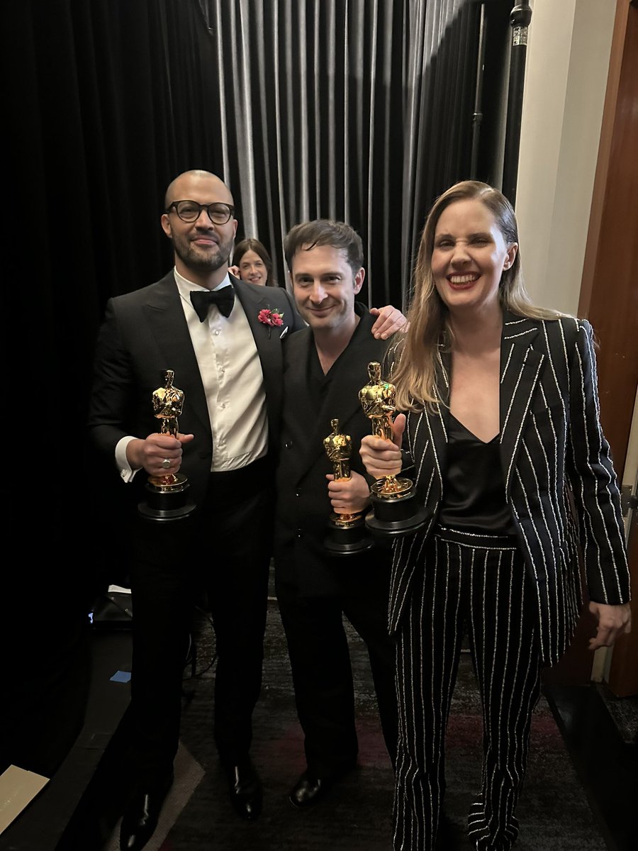 Best Original Screenplay winners Justine Triet and Arthur Harari with Best Adapted Screenplay winner Cord Jefferson. #Oscars2024